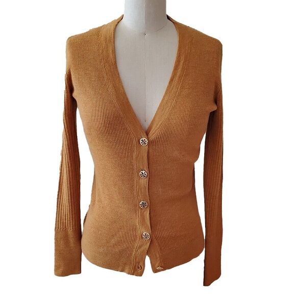 Tory Burch Gold Heather Simone Merino Wool Ribbed Knit Cardigan Womens Medium - Picture 1 of 7